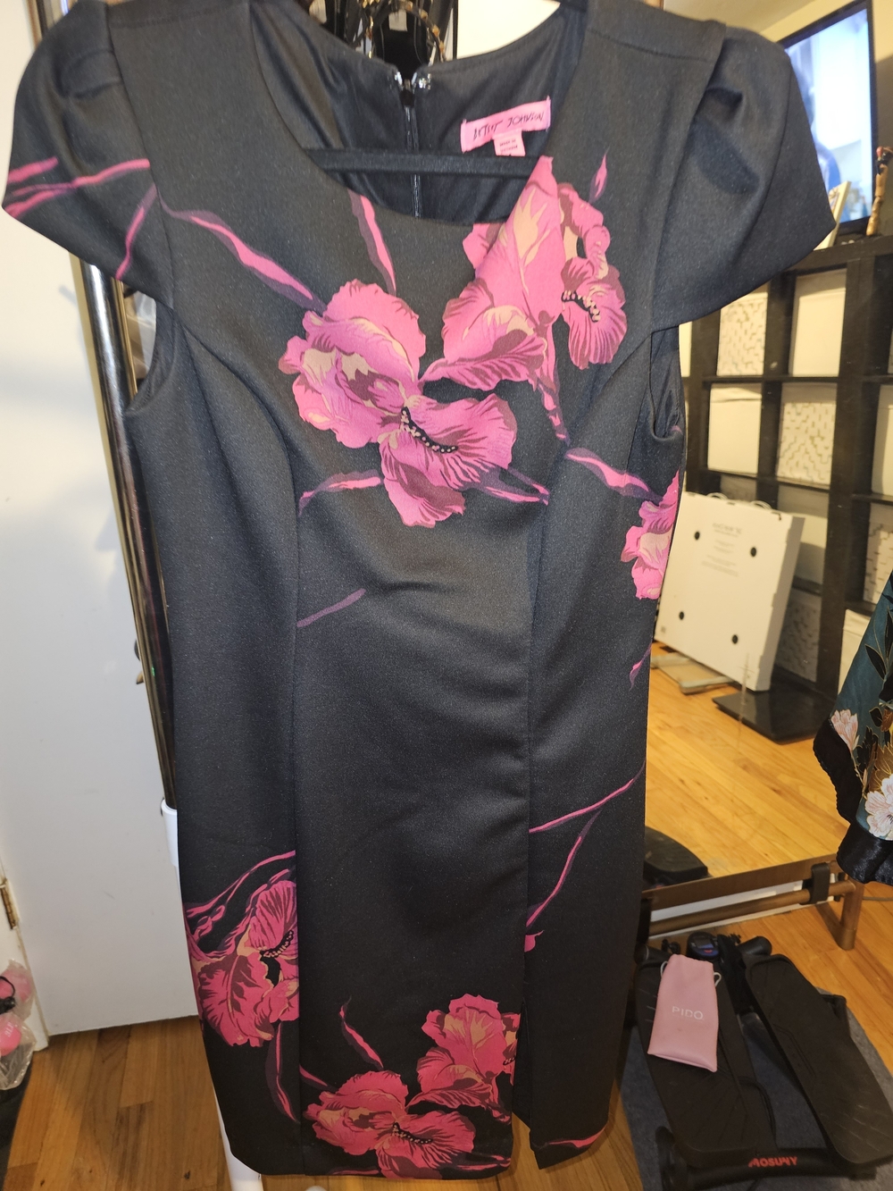Betsey Johnson Black Midi Dress with Hot Pink Floral Accents